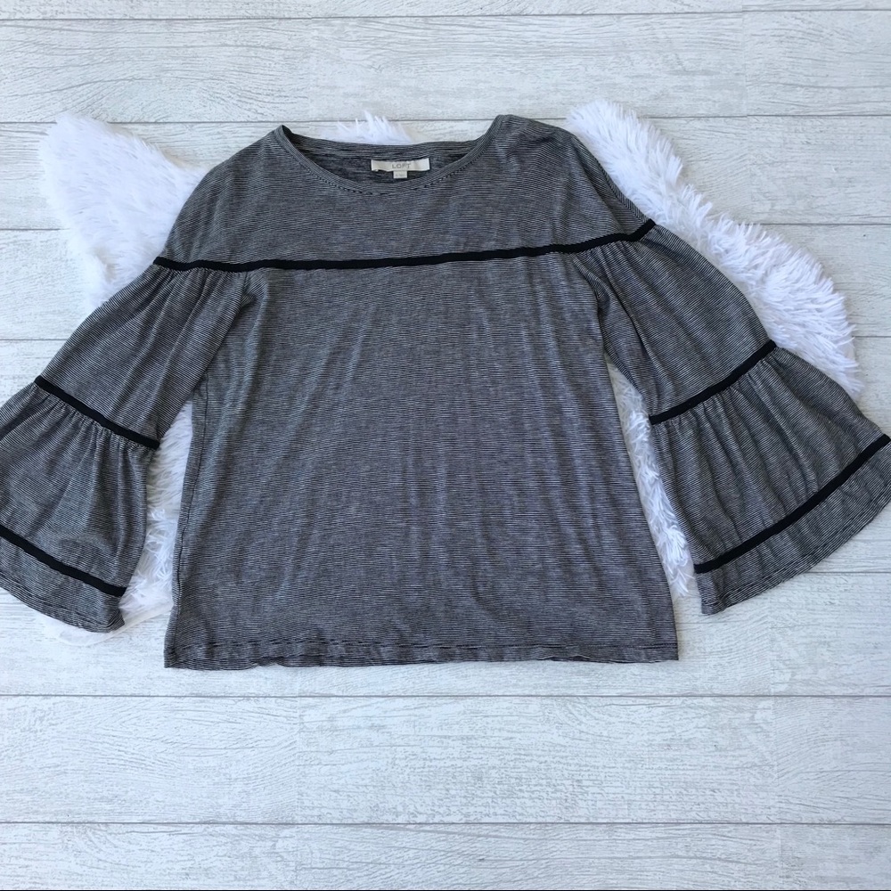LOFT Black & White Striped Bell Sleeved Top sz M
